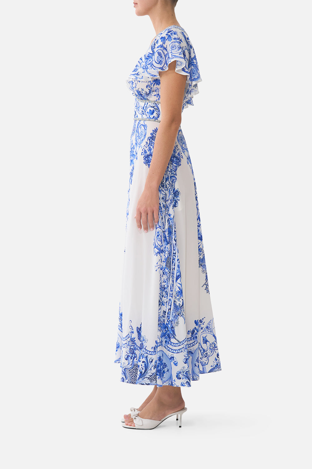 WAISTED MIDI DRESS WITH FLUTTER SLEEVE CERAMIC PANORAMIC