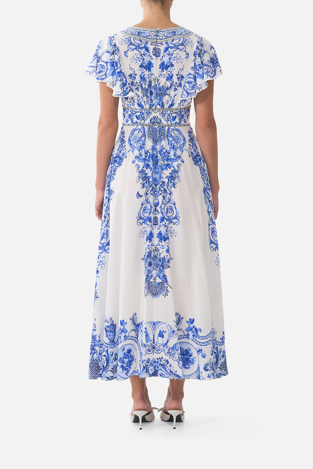 WAISTED MIDI DRESS WITH FLUTTER SLEEVE CERAMIC PANORAMIC