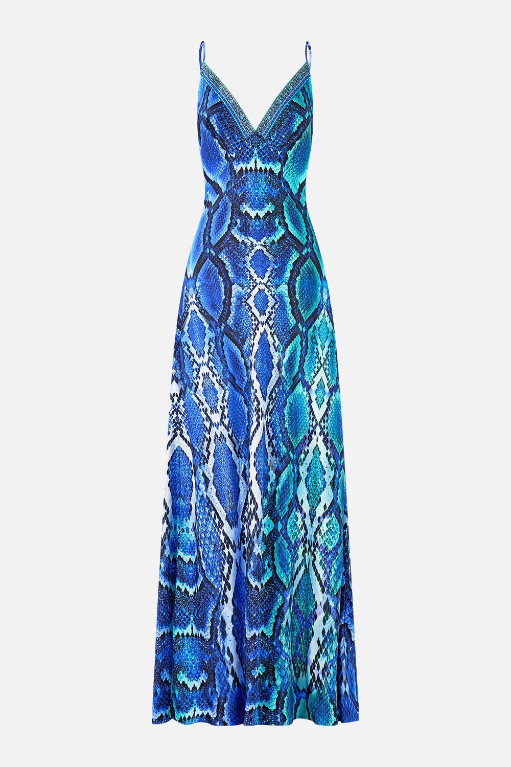 The CAMILLA V NECK FULL LENGTH BIAS SLIP DRESS THE SAPPHIRE SERPENT
