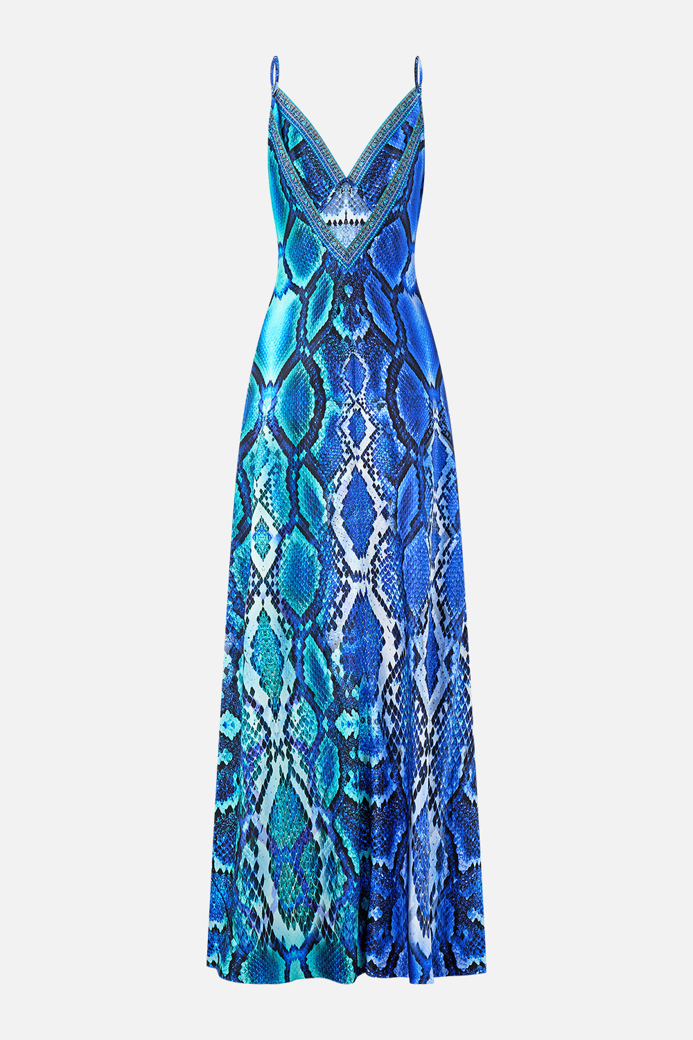 The CAMILLA V NECK FULL LENGTH BIAS SLIP DRESS THE SAPPHIRE SERPENT