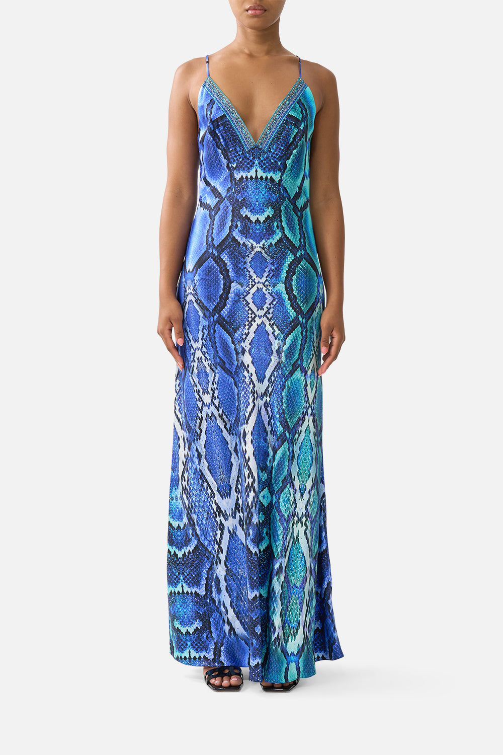 The CAMILLA V NECK FULL LENGTH BIAS SLIP DRESS THE SAPPHIRE SERPENTTHE SAPPHIRE SERPENT