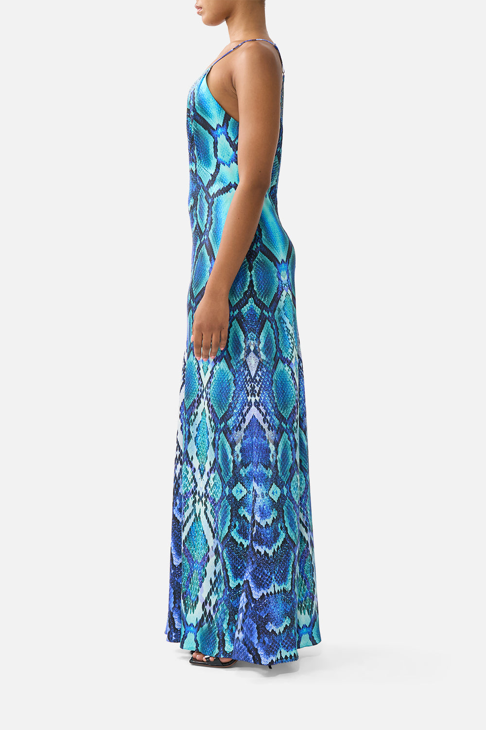 The CAMILLA V NECK FULL LENGTH BIAS SLIP DRESS THE SAPPHIRE SERPENT