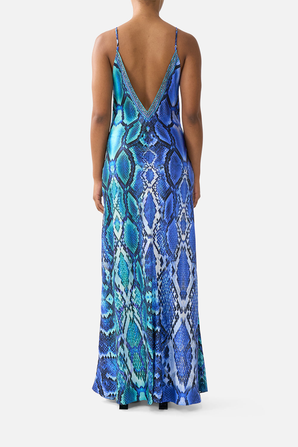The CAMILLA V NECK FULL LENGTH BIAS SLIP DRESS THE SAPPHIRE SERPENT