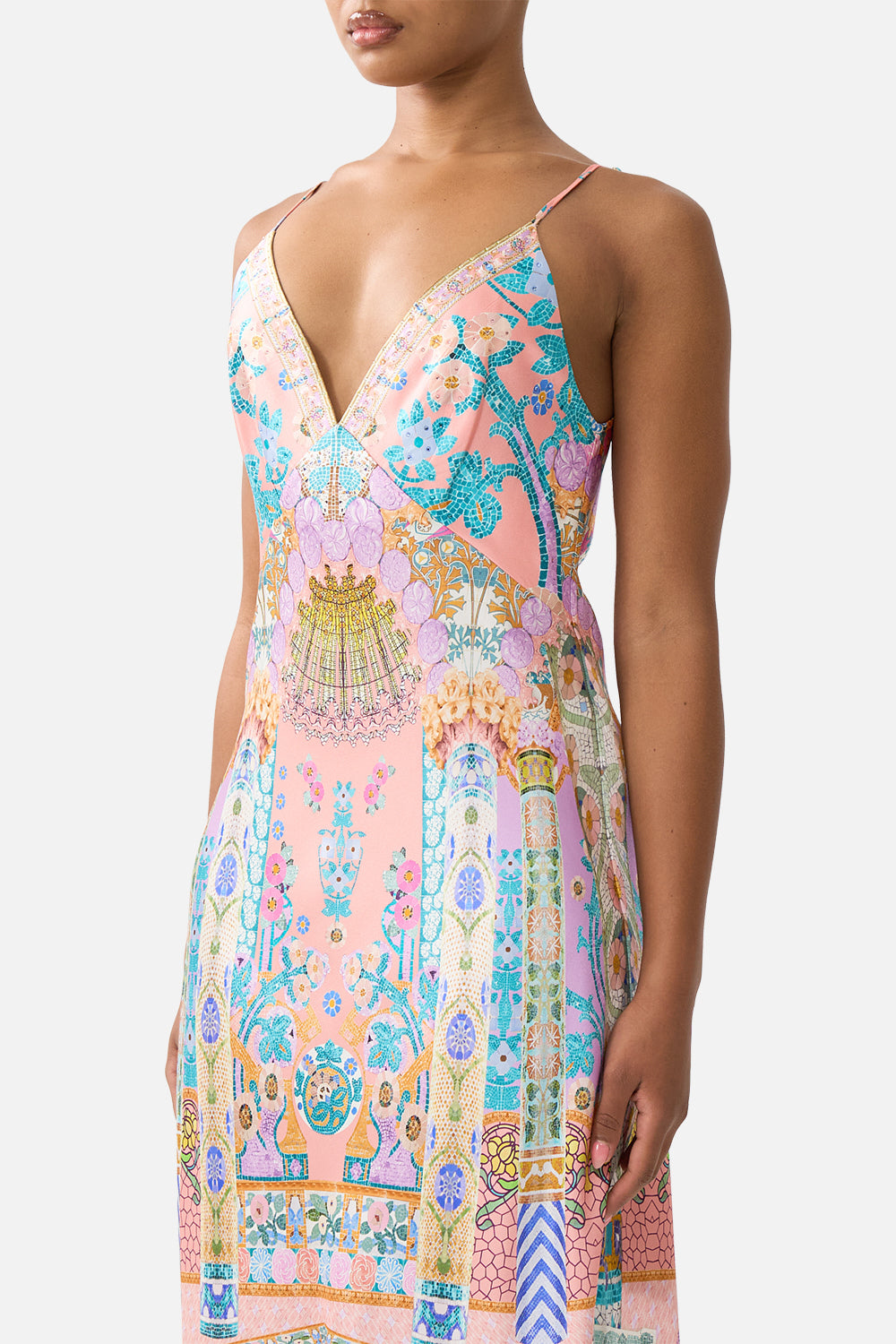 The CAMILLA V NECK FULL LENGTH BIAS SLIP DRESS HOWDY GAUDI