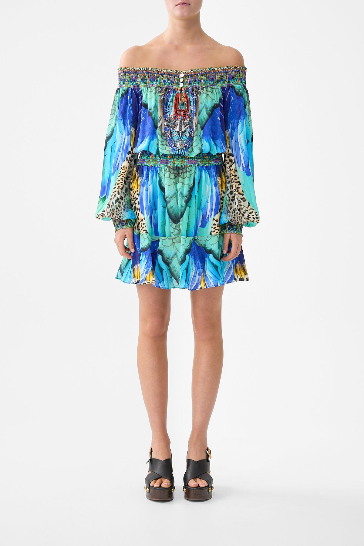 The CAMILLA OFF SHOULDER SHORT DRESS JUNGLE FLIGHTJUNGLE FLIGHT