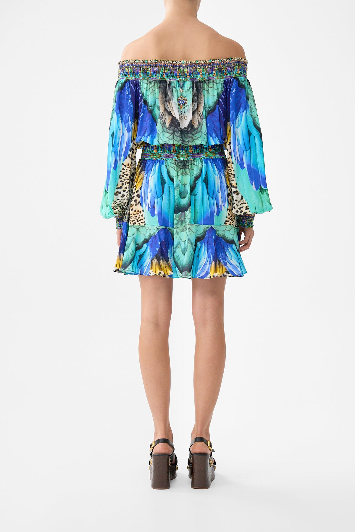 The CAMILLA OFF SHOULDER SHORT DRESS JUNGLE FLIGHT