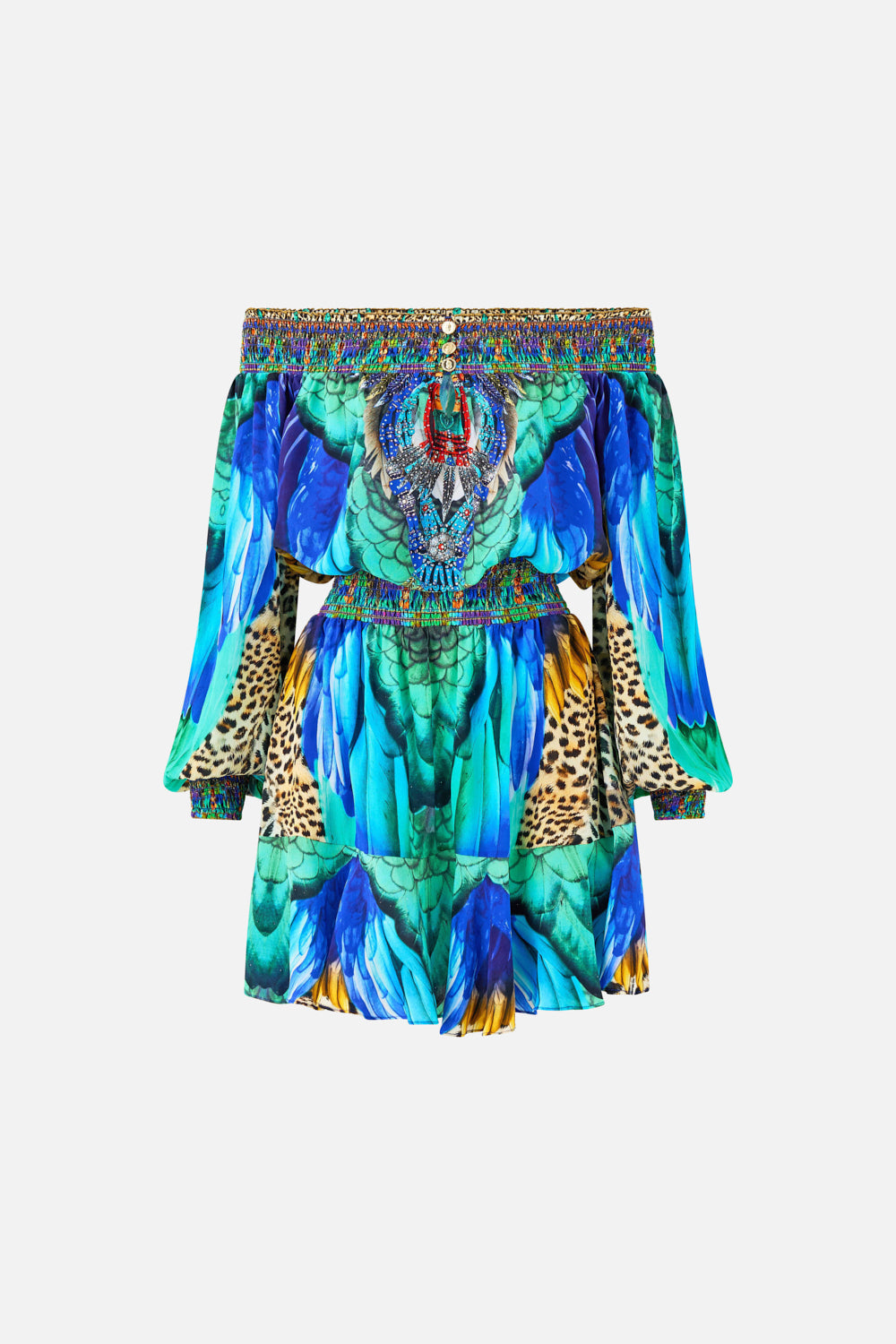 The CAMILLA OFF SHOULDER SHORT DRESS JUNGLE FLIGHT