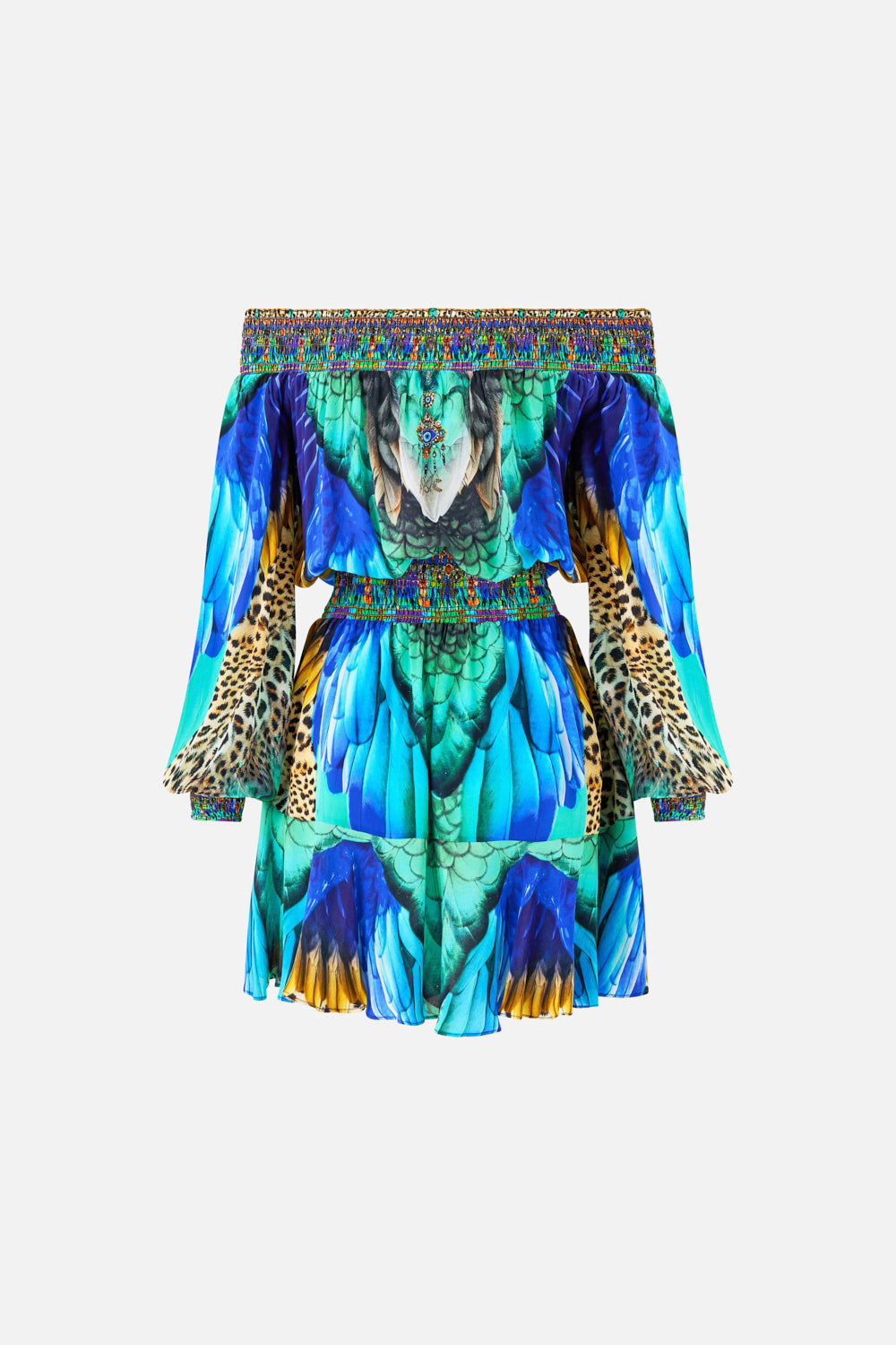 The CAMILLA OFF SHOULDER SHORT DRESS JUNGLE FLIGHT