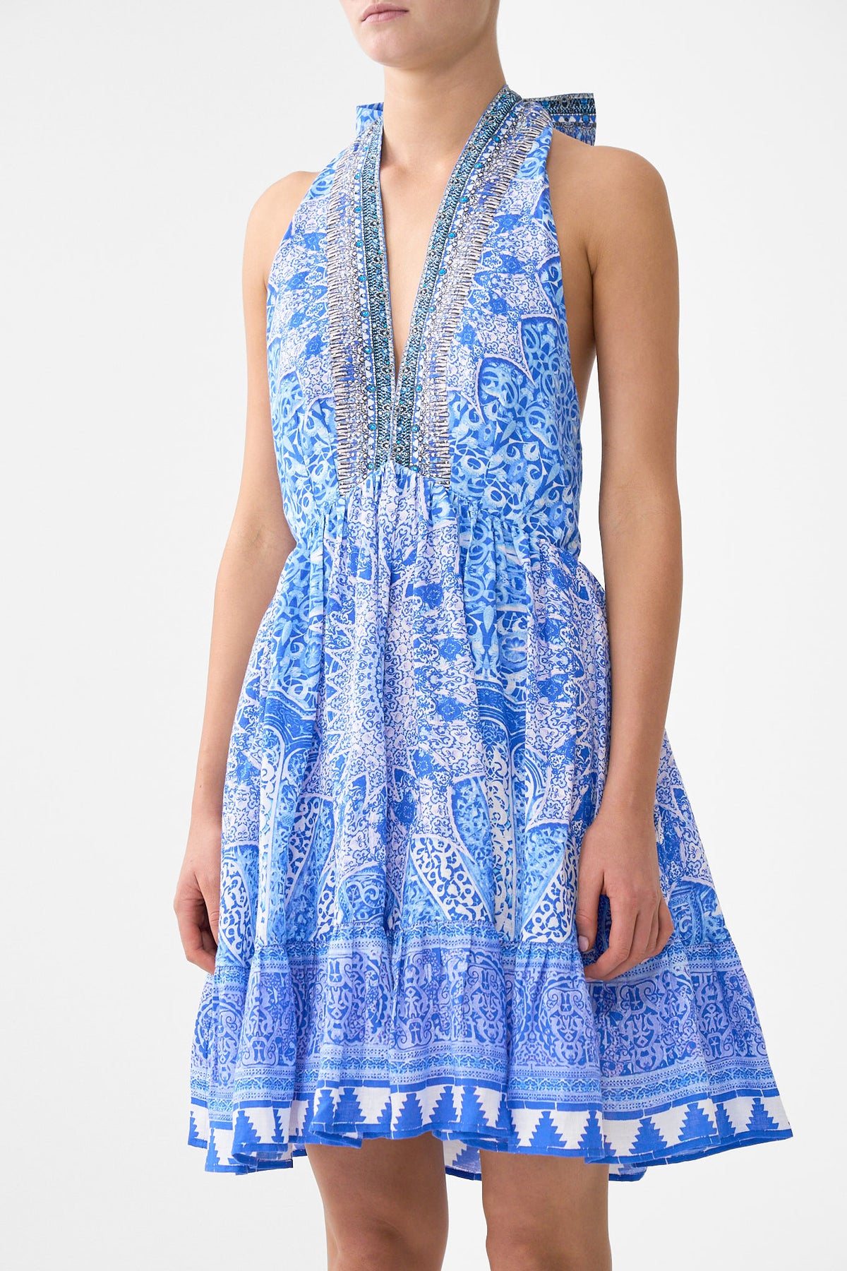 The CAMILLA RUFFLE HEM HALTER SHORT DRESS THE BOSPHOROUS