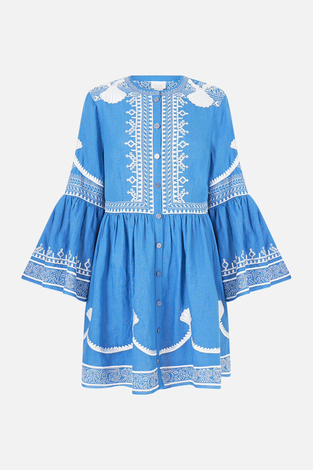 The CAMILLA BUTTON THROUGH MINI DRESS WITH FLARED SLEEVE DE NADA GRANADA