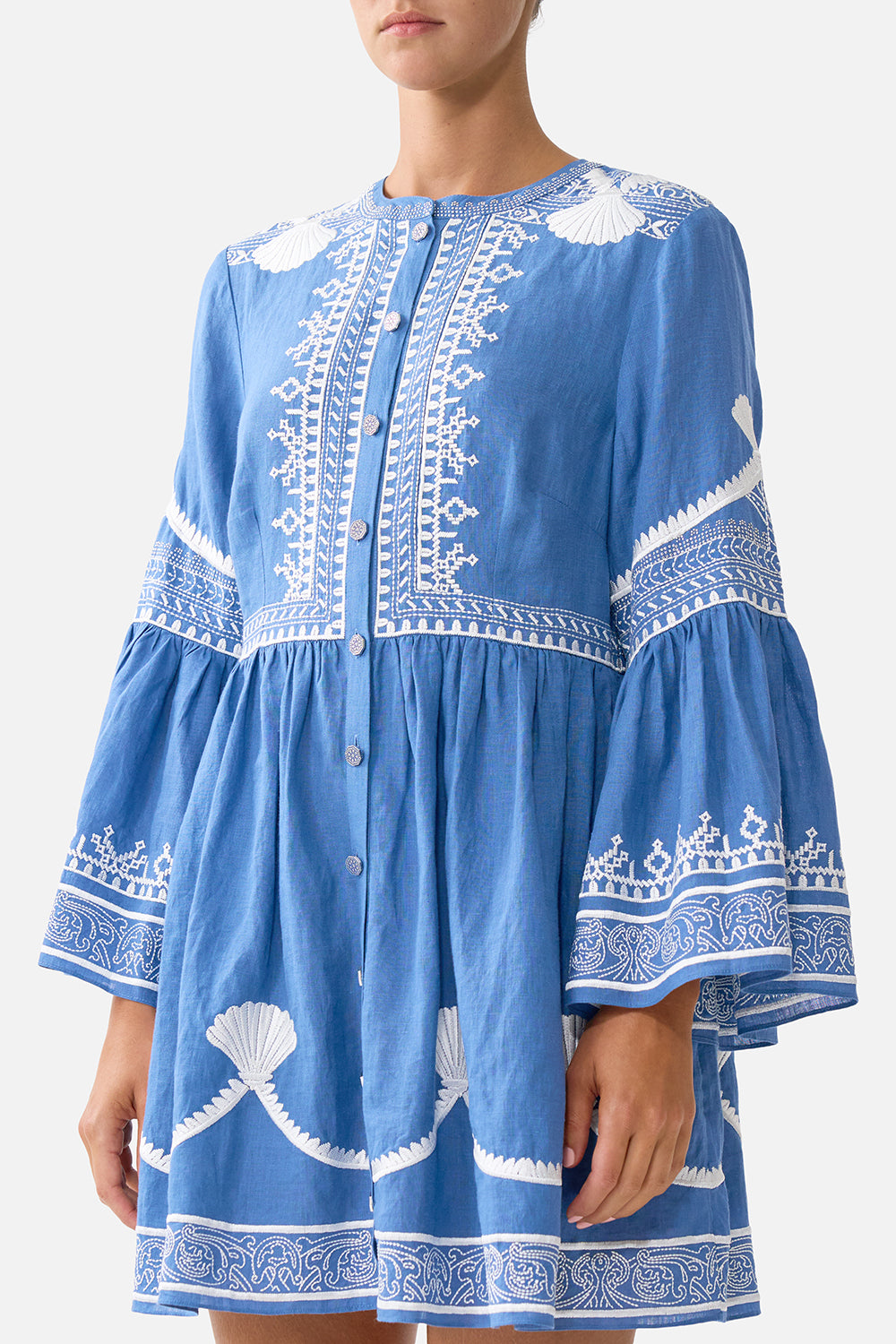 The CAMILLA BUTTON THROUGH MINI DRESS WITH FLARED SLEEVE DE NADA GRANADA