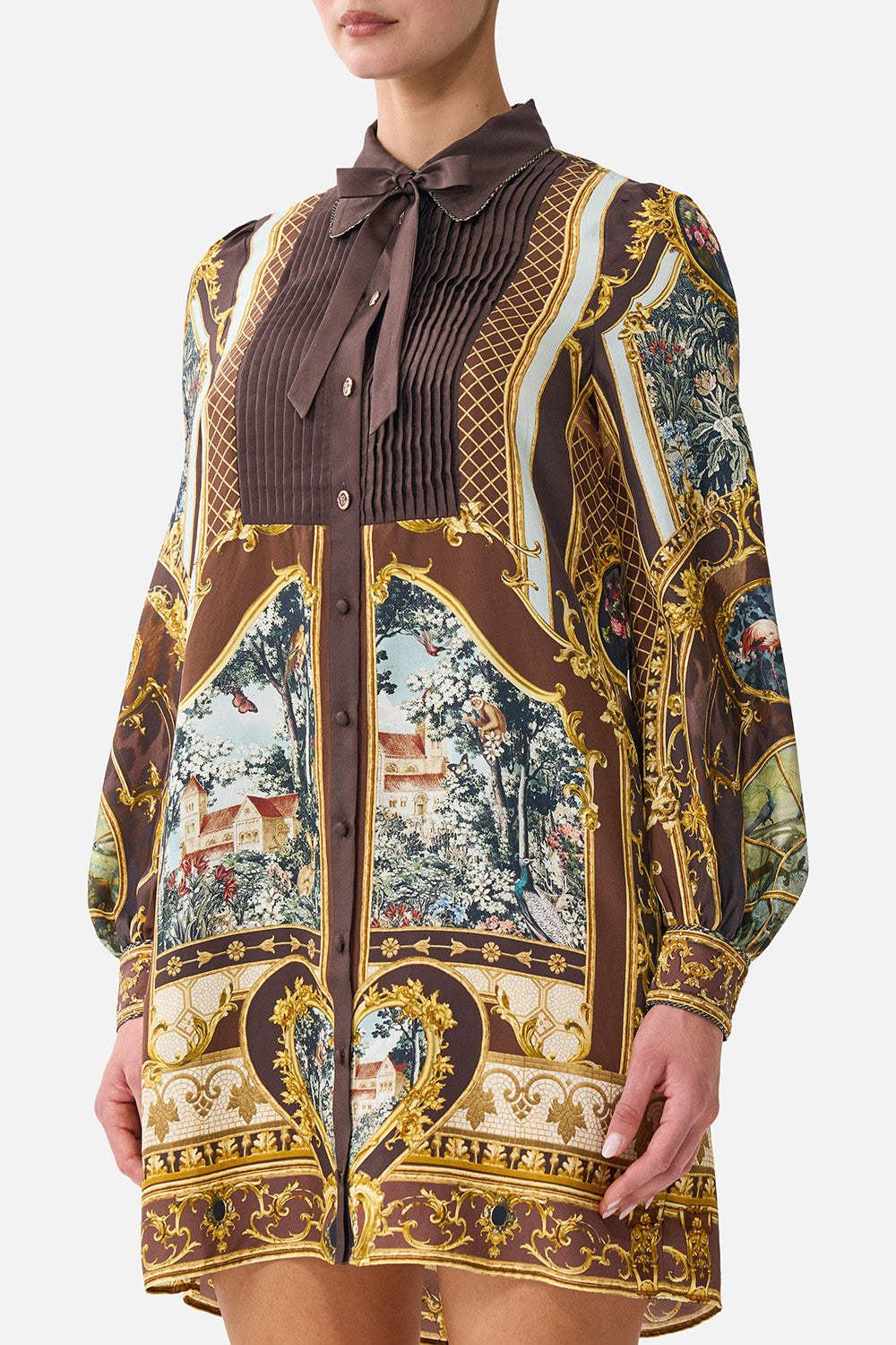 COLLARED SHIRT DRESS WITH PINTUCKS ANIMALS IN THE PALACE