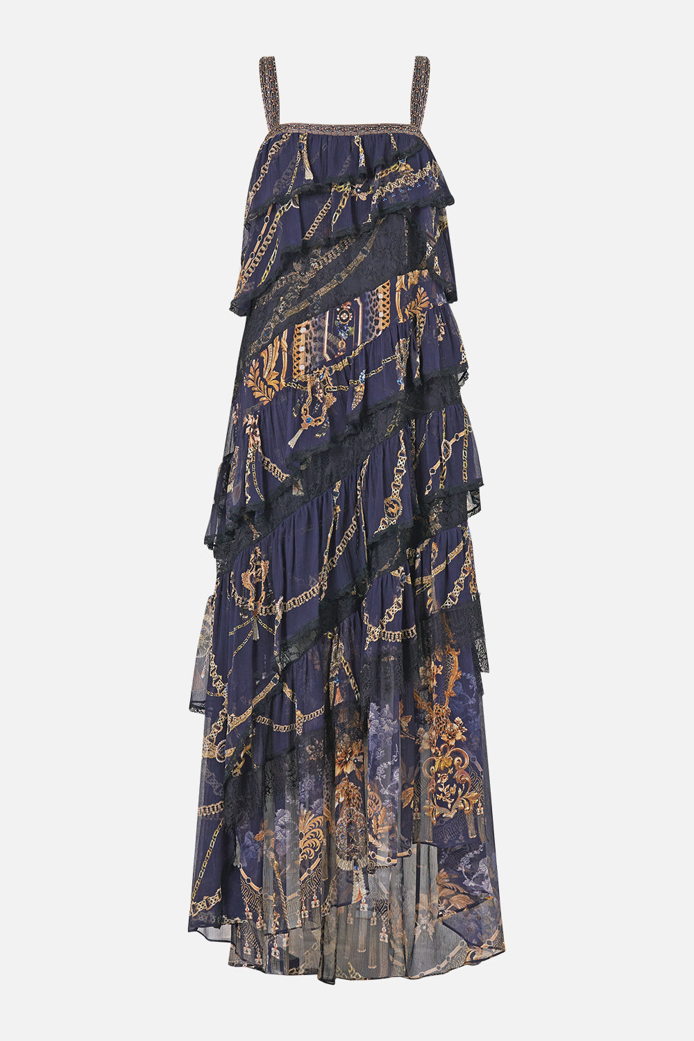 ASYMMETRIC SPLICED LACE DRESS CLOAKED IN BAROQUE