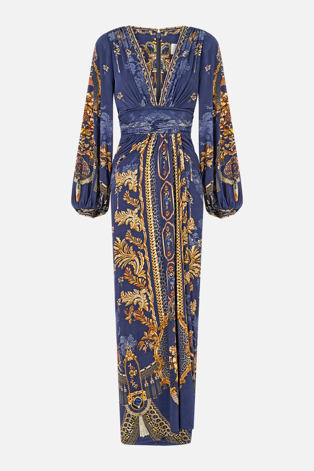 WAISTED DRAPED JERSEY DRESS CLOAKED IN BAROQUE