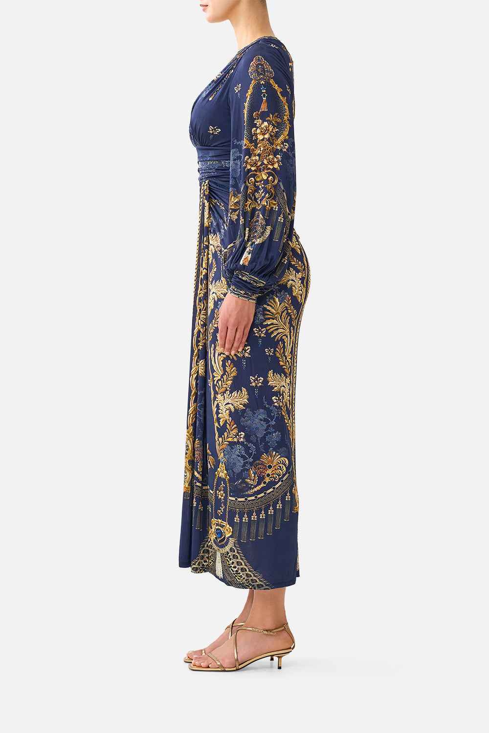 WAISTED DRAPED JERSEY DRESS CLOAKED IN BAROQUE