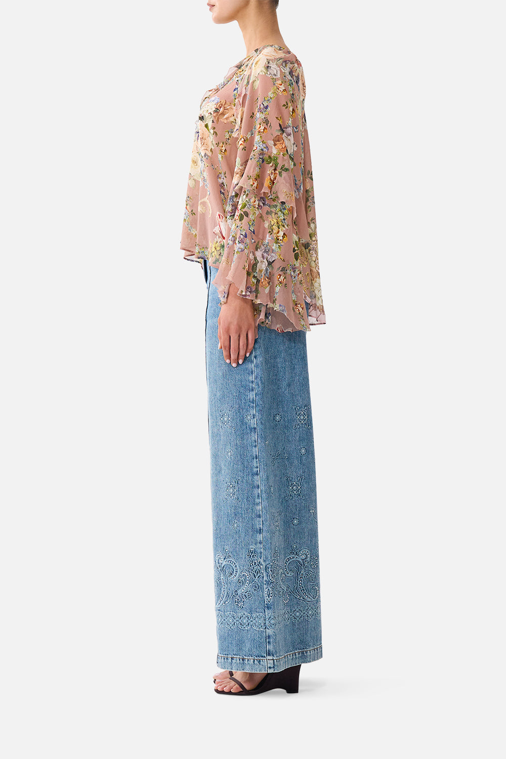 LACE UP V NECK BLOUSE WITH CASCADE RUFFLES CHAMBER OF BLOOMS
