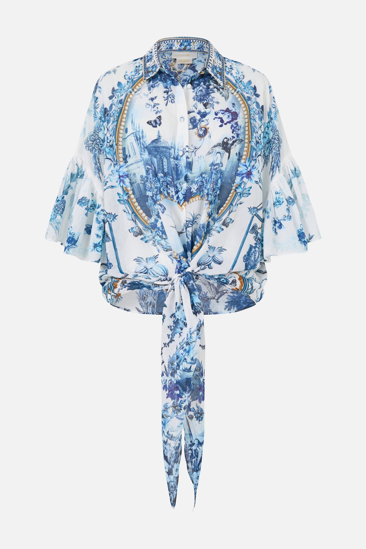 The CAMILLA TIE FRONT SHIRT WITH SLEEVE FRILL THE PORCELAIN PARLOUR