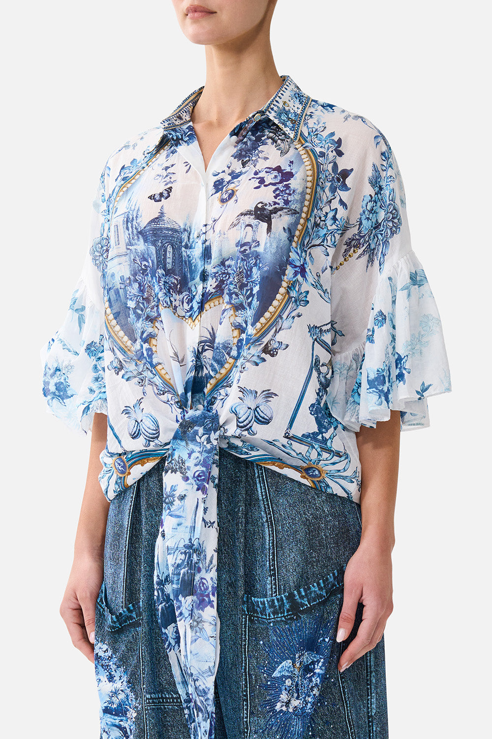 TIE FRONT SHIRT WITH SLEEVE FRILL THE PORCELAIN PARLOUR