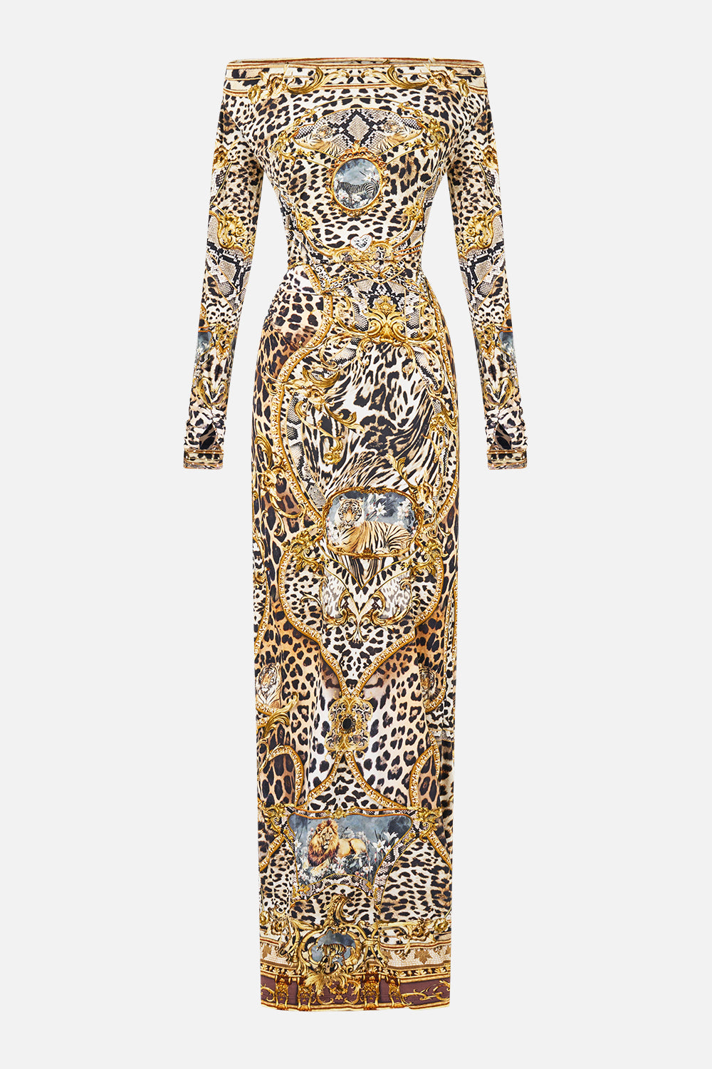 OFF SHOULDER GATHERED JERSEY DRESS LEOPARD LIBERTINE
