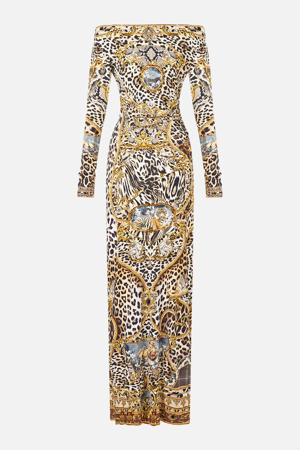 OFF SHOULDER GATHERED JERSEY DRESS LEOPARD LIBERTINE