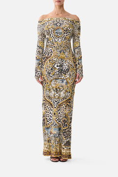 OFF SHOULDER GATHERED JERSEY DRESS LEOPARD LIBERTINE