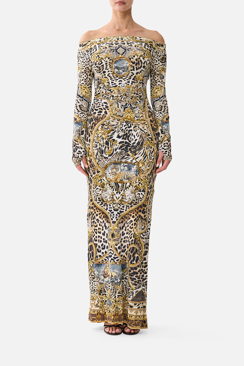 OFF SHOULDER GATHERED JERSEY DRESS LEOPARD LIBERTINE