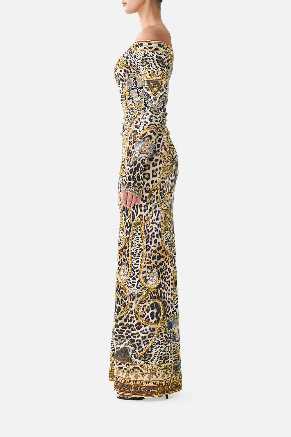 OFF SHOULDER GATHERED JERSEY DRESS LEOPARD LIBERTINE