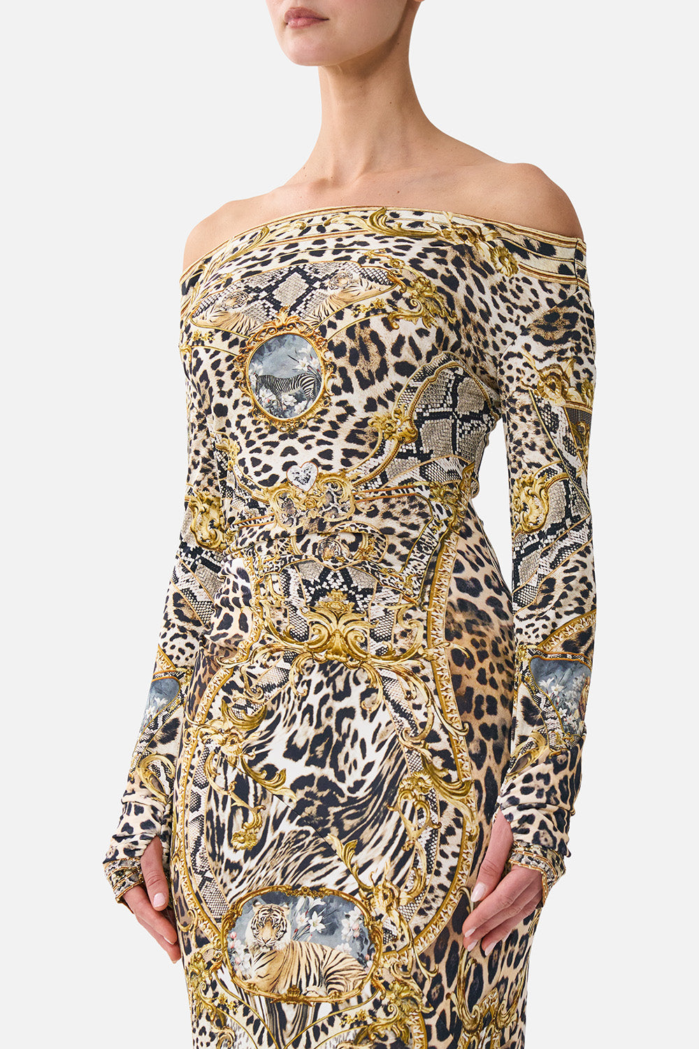 OFF SHOULDER GATHERED JERSEY DRESS LEOPARD LIBERTINE