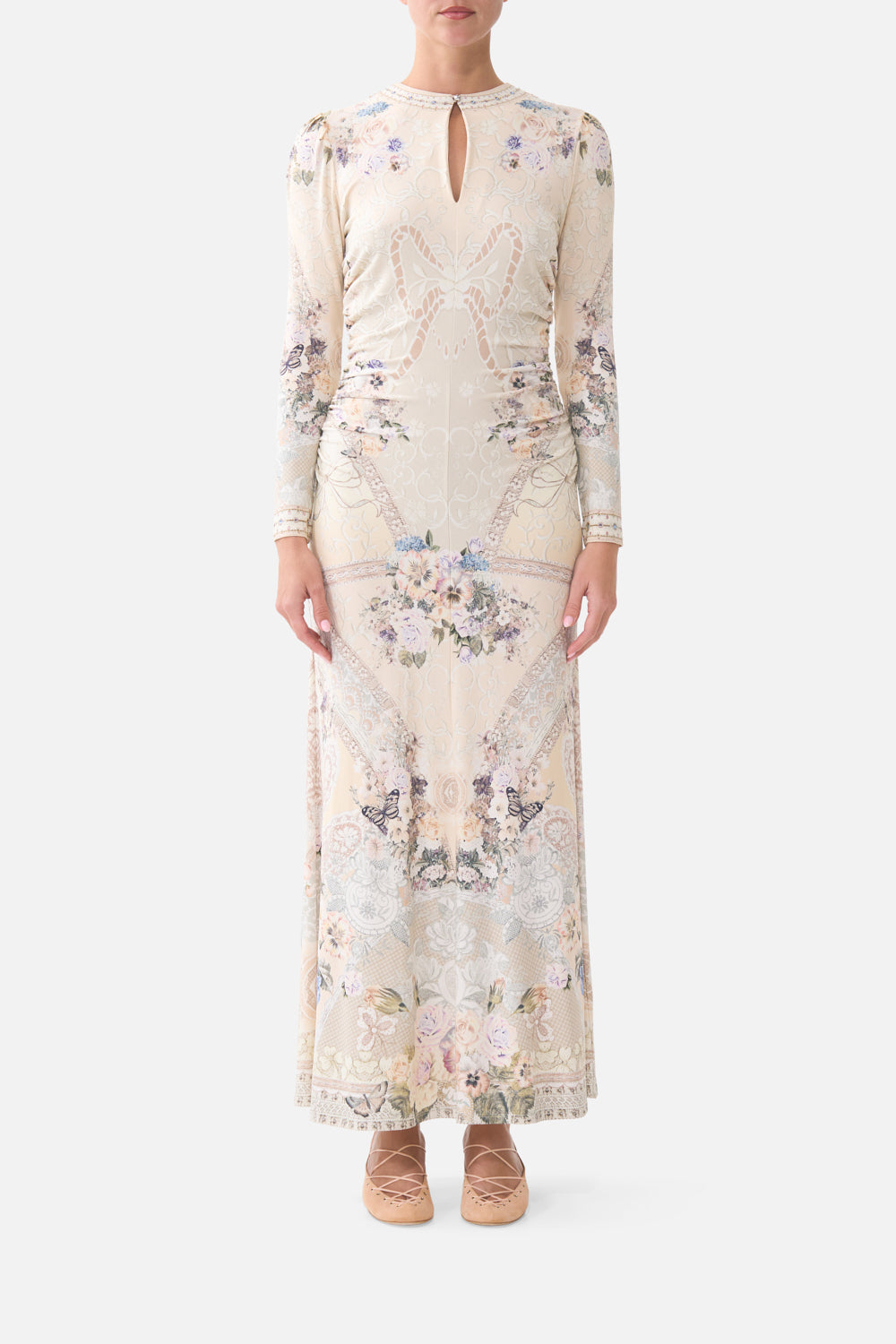 The CAMILLA GATHERED JERSEY LONG DRESS LACED WITH LOVELACED WITH LOVE