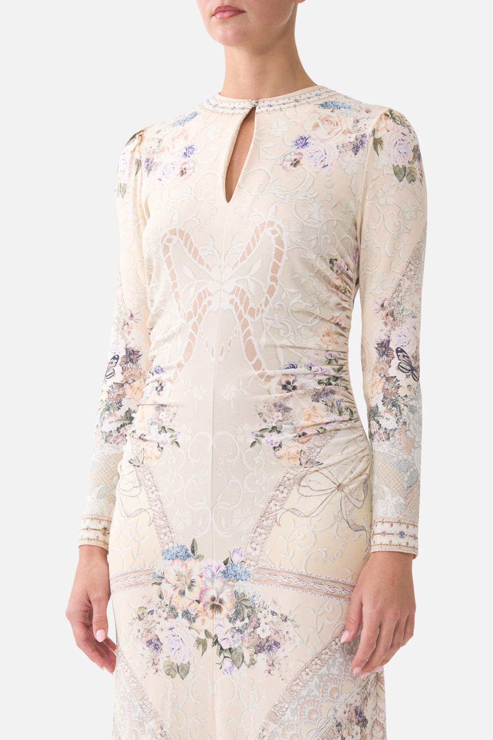 The CAMILLA GATHERED JERSEY LONG DRESS LACED WITH LOVE