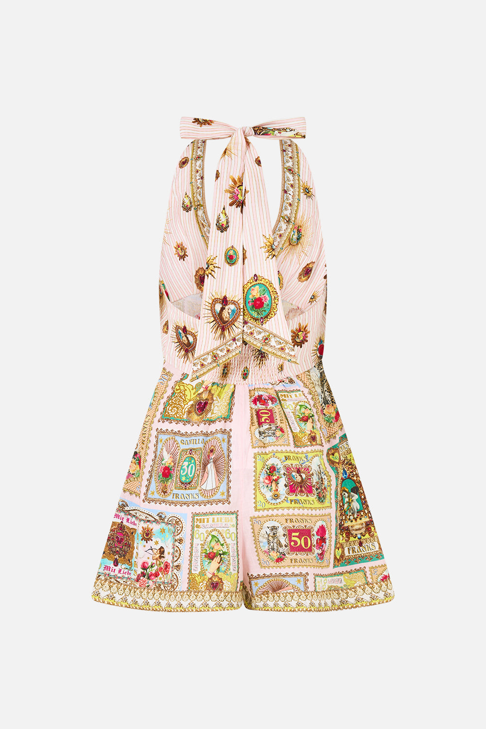 BUTTON FRONT HALTER PLAYSUIT PAINTED PRAYERS