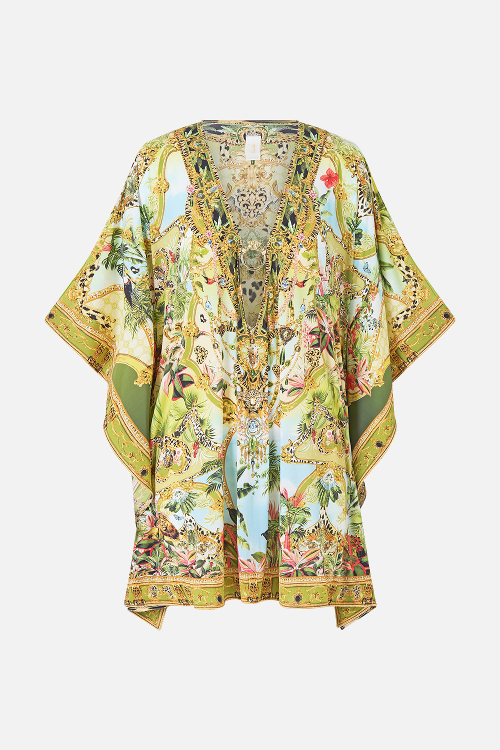 The CAMILLA SHORT V NECK KAFTAN W RING FRONT TRIM WANDERLUST EMPIRE