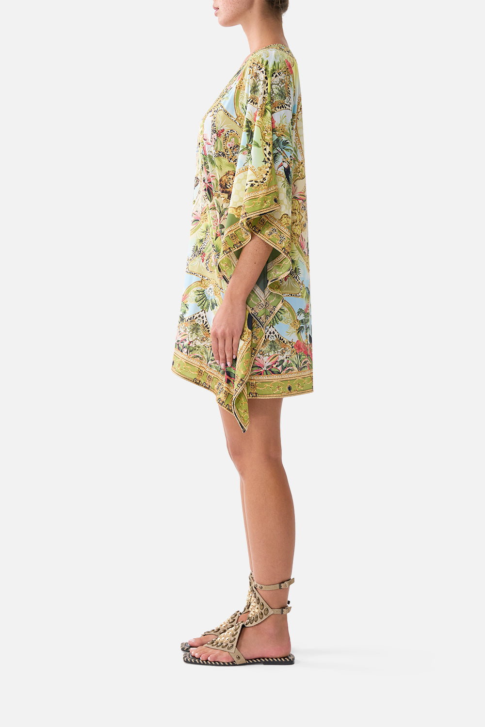 The CAMILLA SHORT V NECK KAFTAN W RING FRONT TRIM WANDERLUST EMPIRE