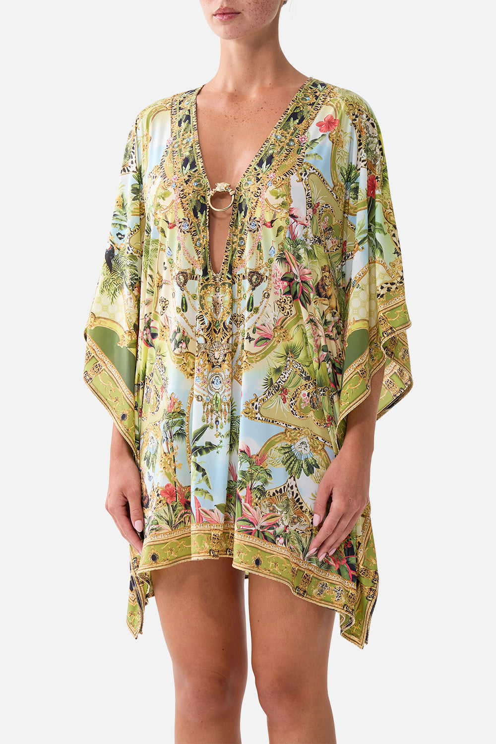 The CAMILLA SHORT V NECK KAFTAN W RING FRONT TRIM WANDERLUST EMPIRE