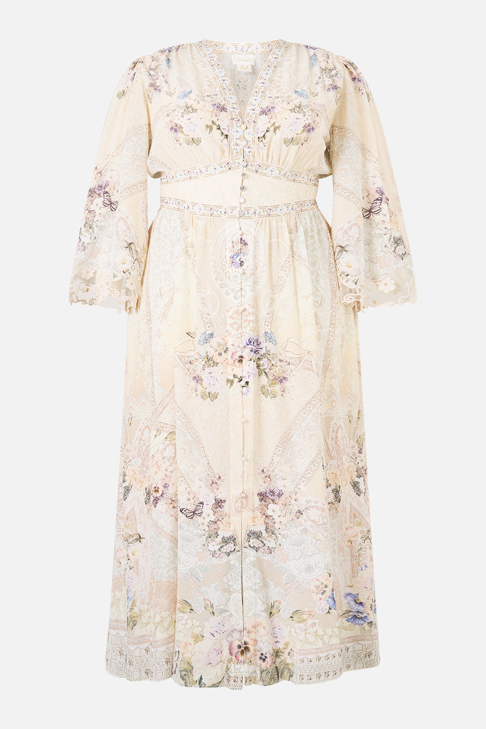 The CAMILLA KIMONO SLEEVE DRESS WITH SHIRRING DETAIL LACED WITH LOVE