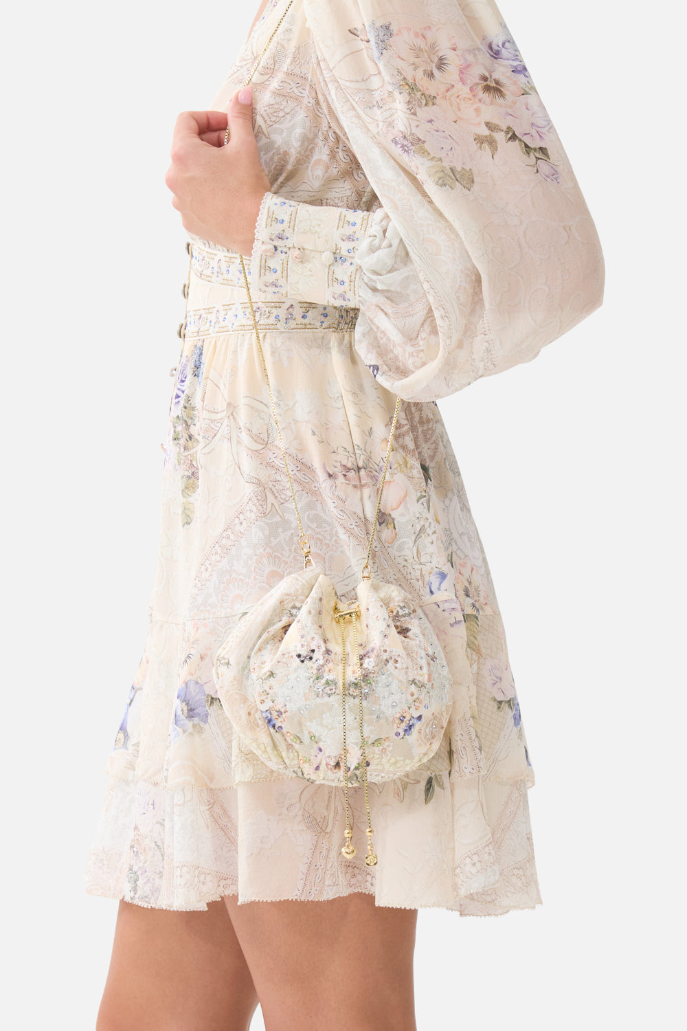 The CAMILLA DRAWSTRING POUCH BAG WITH CHAIN STRAP LACED WITH LOVE