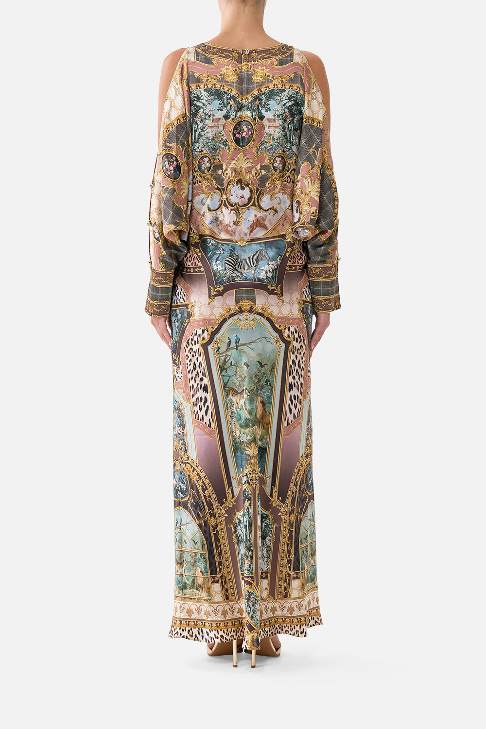 PLUNGE NECK DRAPED SHOULDER DRESS ANIMALS IN THE PALACE