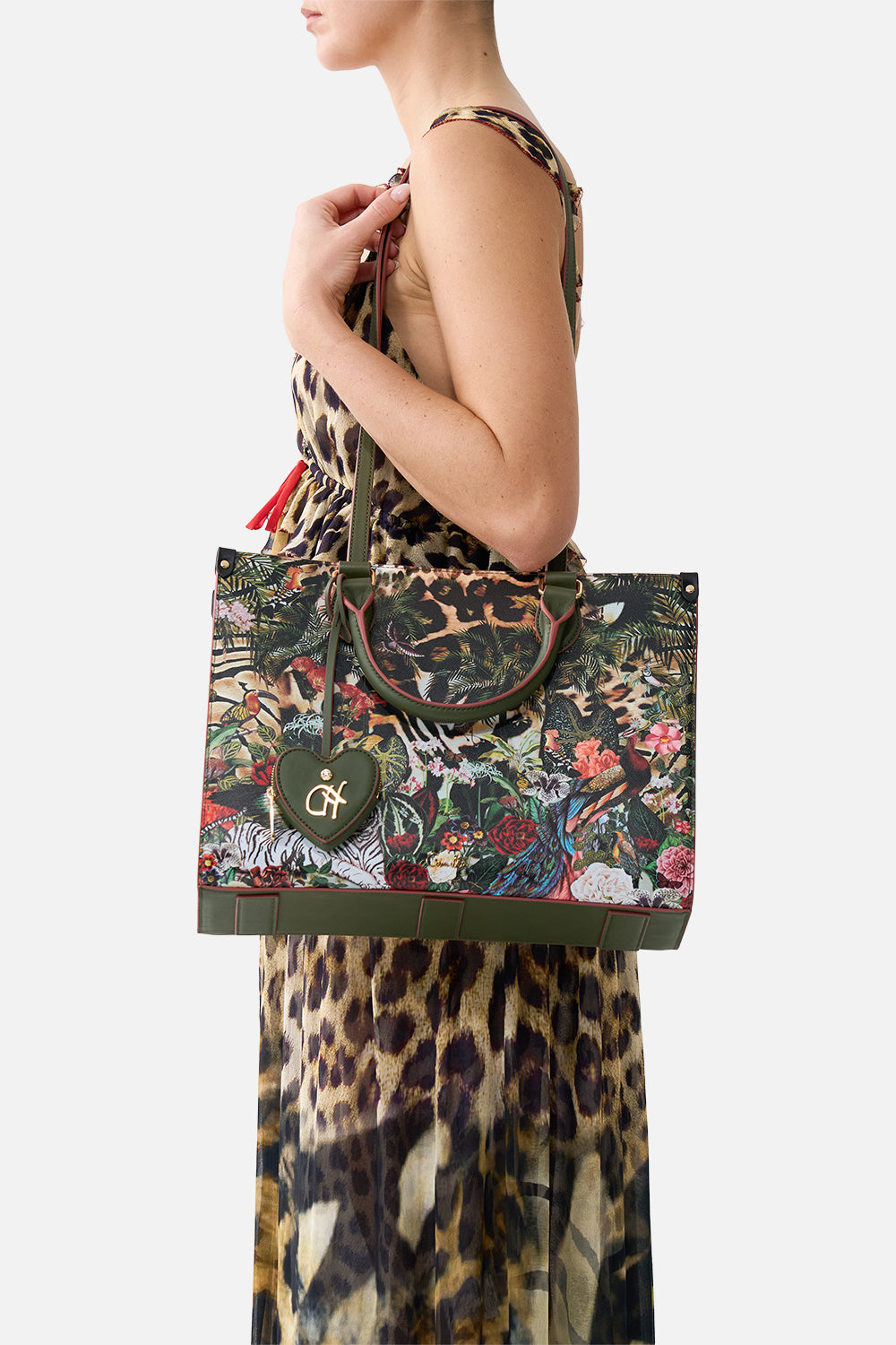 EAST WEST TOTE WITH LEATHER TRIMS LEOTIGRA LAND
