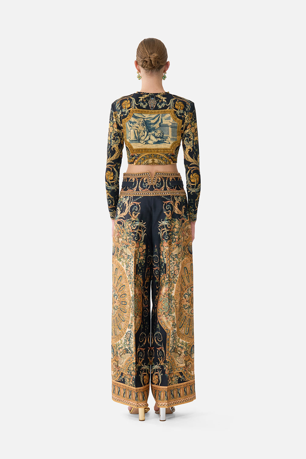 The CAMILLA Tailored Pant With Waist Button Detail in our Museum Memoirs print.
