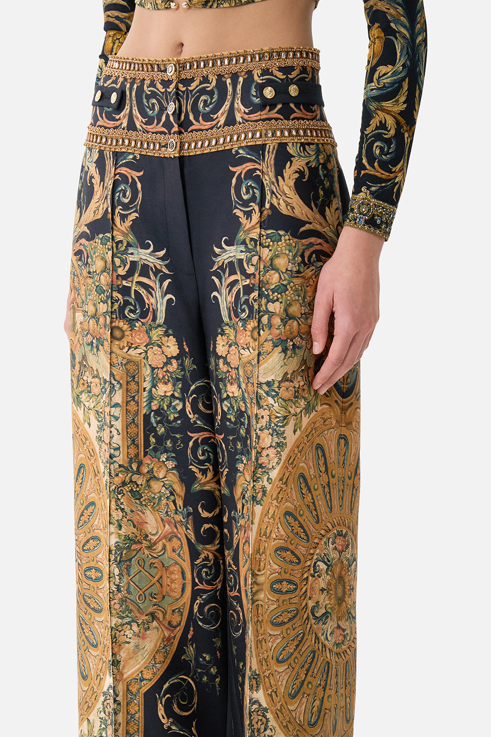 The CAMILLA Tailored Pant With Waist Button Detail in our Museum Memoirs print.