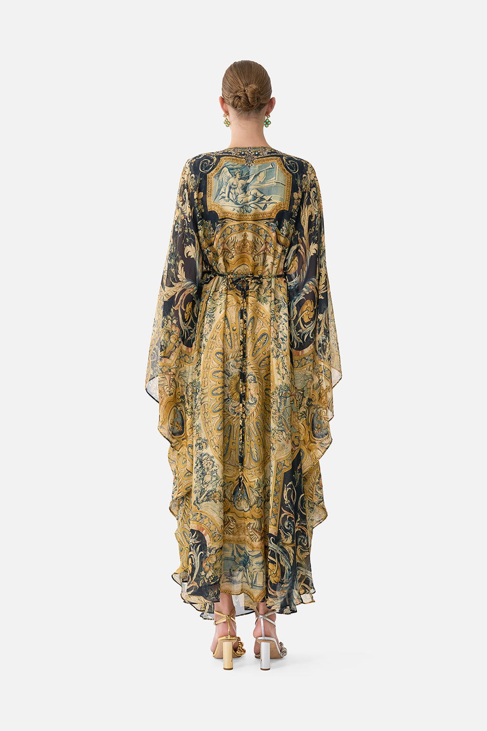 The CAMILLA Long Kaftan With Waist Detail in our Museum Memoirs print.