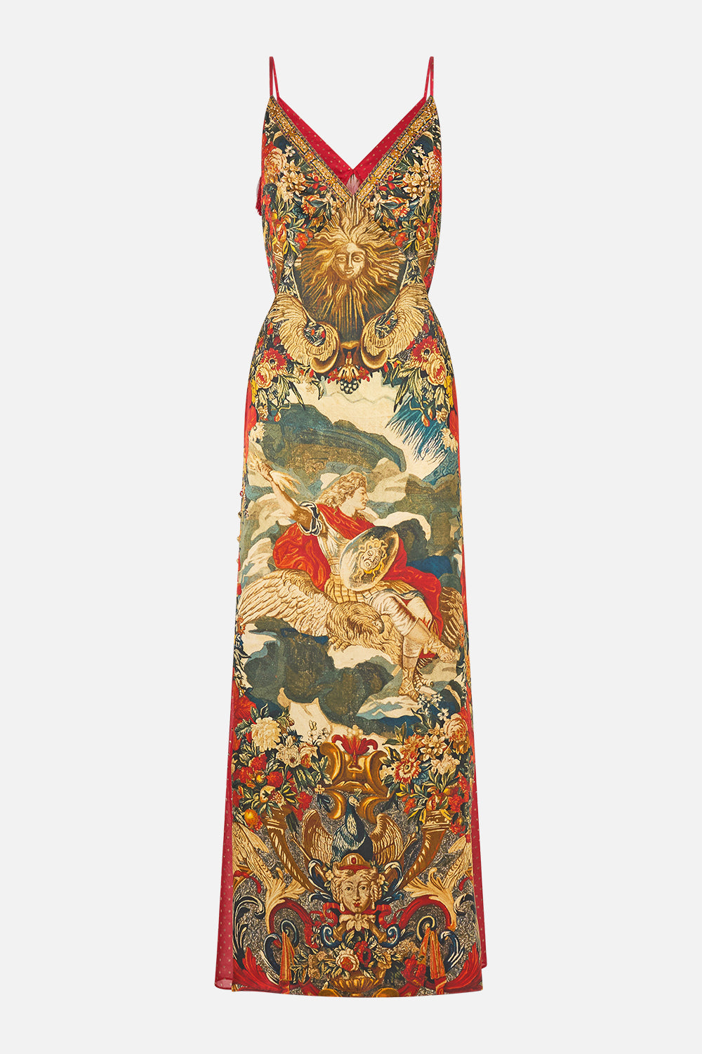 The CAMILLA Long Godet Slip Dress in our Meet Me At The Met print.