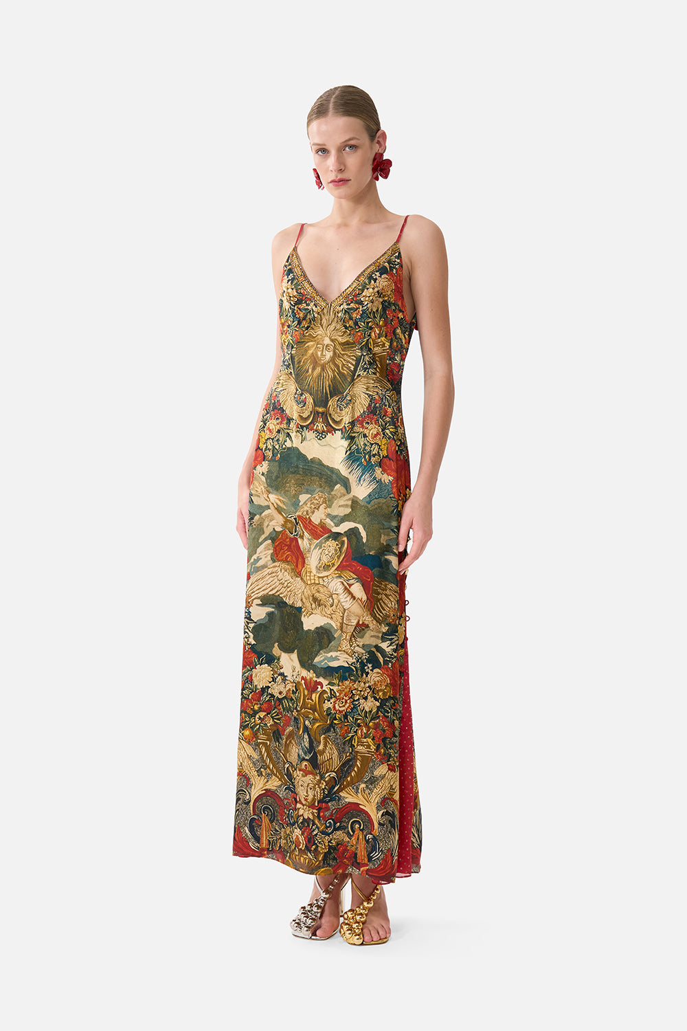 The CAMILLA Long Godet Slip Dress in our Meet Me At The Met print.