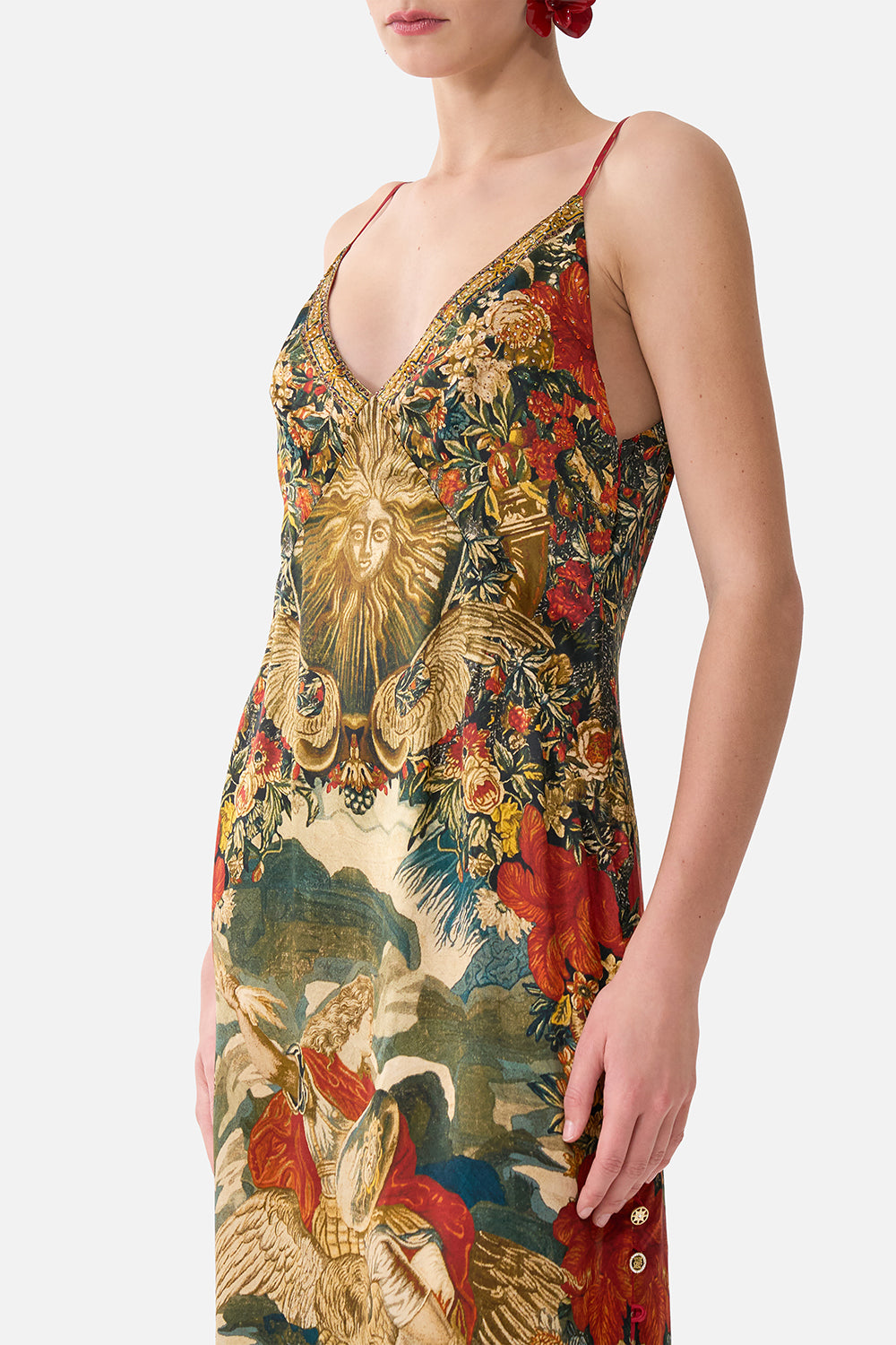 The CAMILLA Long Godet Slip Dress in our Meet Me At The Met print.