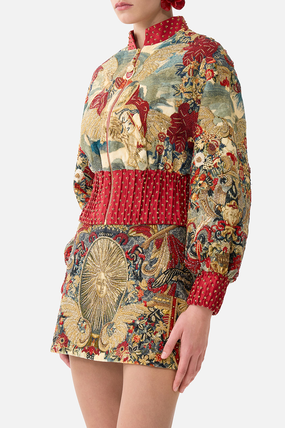 The CAMILLA Cropped Bomber Jacket in our Meet Me At The Met print.