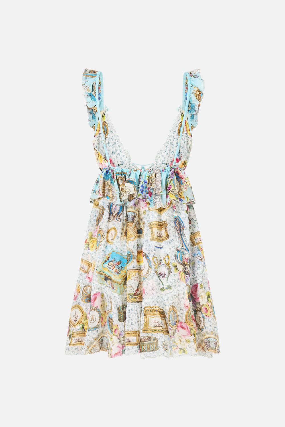 The CAMILLA Curved Hem Ruffle Dress in our Art For The Artisans print.