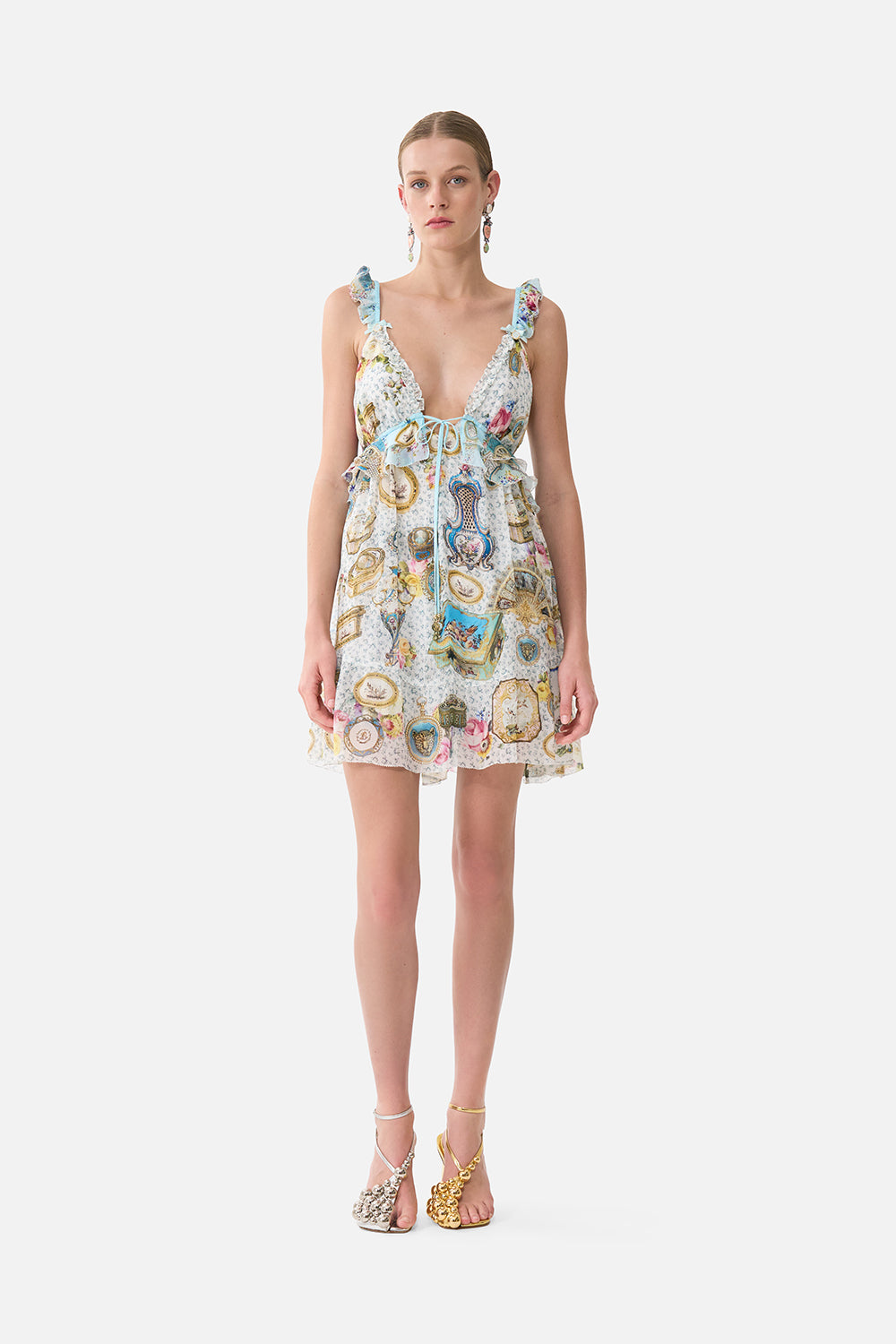 The CAMILLA Curved Hem Ruffle Dress in our Art For The Artisans print.