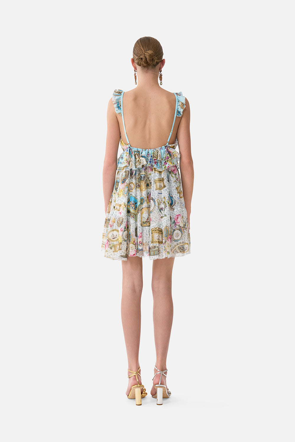 The CAMILLA Curved Hem Ruffle Dress in our Art For The Artisans print.