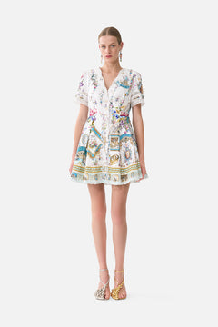 The CAMILLA V Neck Short Dress With Short Sleeves in our Art For The Artisans print.