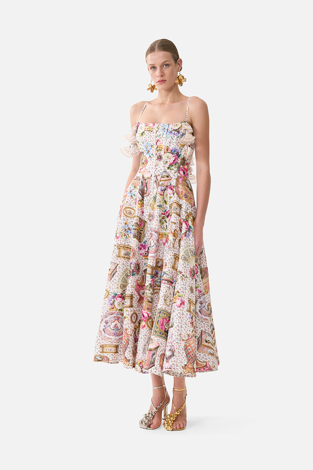 The CAMILLA Corset Dress With Long Flared Skirt in our In The Heart Of Art print.
